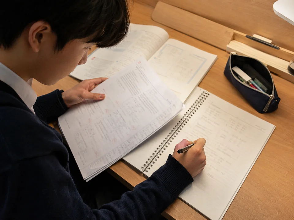 교재에 필기하는 학생