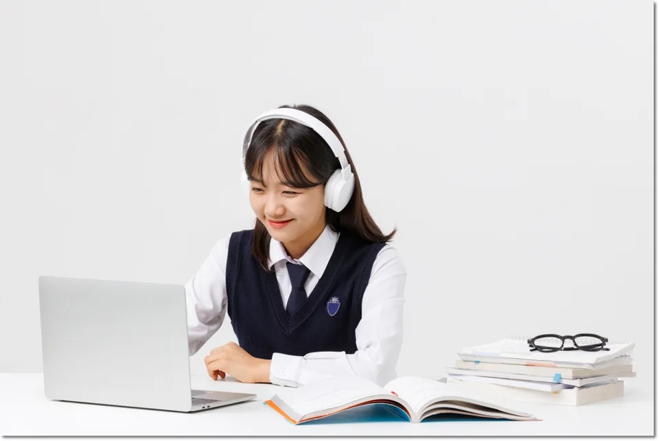 헤드폰을 쓰고 책을 읽는 학생